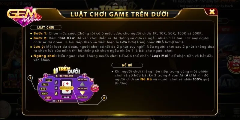 Hướng dẫn luật lệ Mini game Trên Dưới